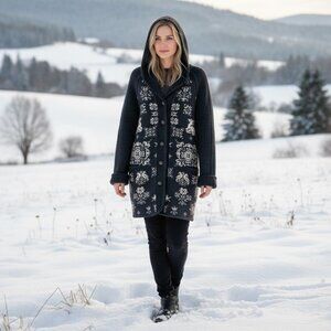 Geiger Charcoal Gray 100% Wool Sweater Coat Cardigan Nordic Fair Isle Size 44 XL